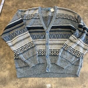 VTG Cardigan Sweater Men's XL Wood Land Trail Blue Aztec Grandpa 80s 90s